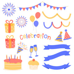 Set of birthday party decoration elements, celebration, red blue yellow color, cute flat illustration