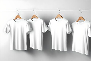 white t-shirts on wooden hangers.