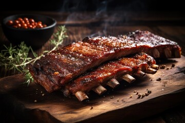 Grilled spare ribs on wooden counter top.
