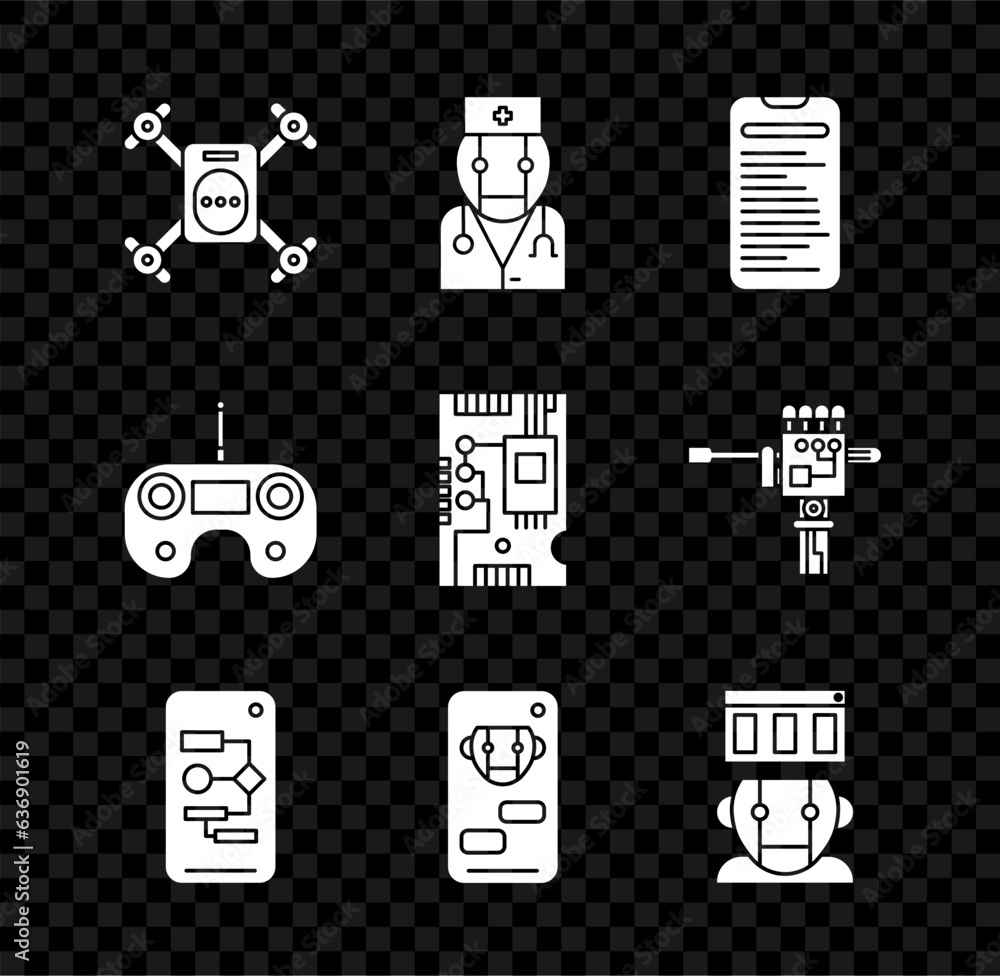 Poster set drone flying with action camera, robot doctor, computer api interface, algorithm, bot, remote co