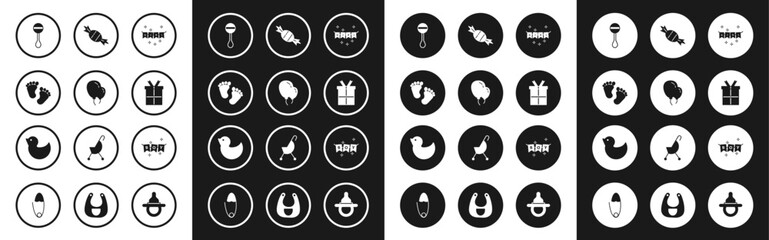 Set Carnival garland with flags, Balloons ribbon, Baby footprints, Rattle baby toy, Gift box, Candy, and Rubber duck icon. Vector