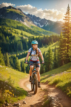 Mountain biking woman riding on bike in summer.,generative AI