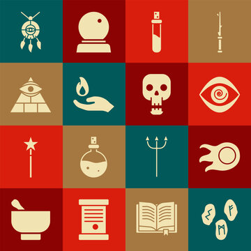 Set Magic runes, Fireball, Hypnosis, Bottle with love potion, Hand holding fire, Masons, Dream catcher feathers and Skull icon. Vector