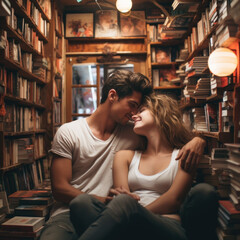 Non-standard date, couple in love on a date in bookstore or library