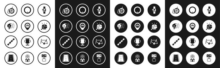 Set Smart watch, Location with bicycle, Bicycle head lamp, parking, bell, wheel, frame and chain icon. Vector