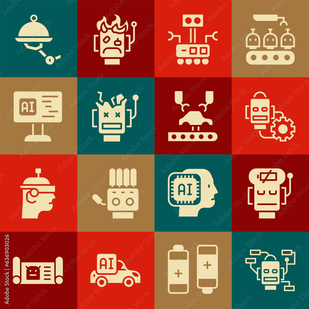Poster set robot, low battery charge, setting, broken robot, software, waiter and robotic arm on factory ic