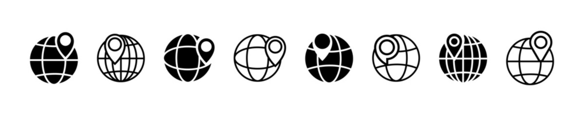 Fototapeta premium Set of globe with pin vector icons. Location on planet or world. Find place on globe. Location pointer on earth.