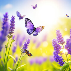 Sunny summer nature background with fly butterfly.,generative AI