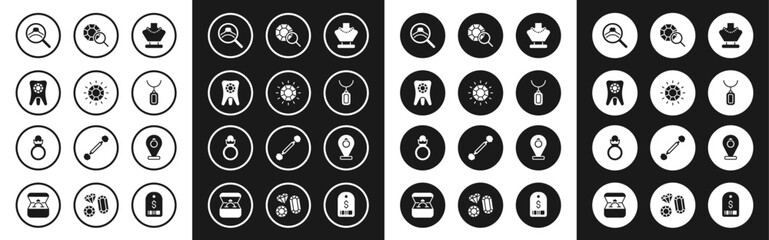 Set Necklace on mannequin, Diamond, Tooth with diamond, engagement ring, Pendant necklace, Gem stone, Jewelry store and icon. Vector