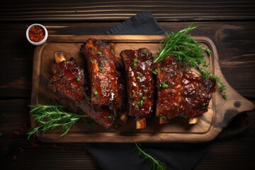 Grilled spare ribs on wooden counter top.