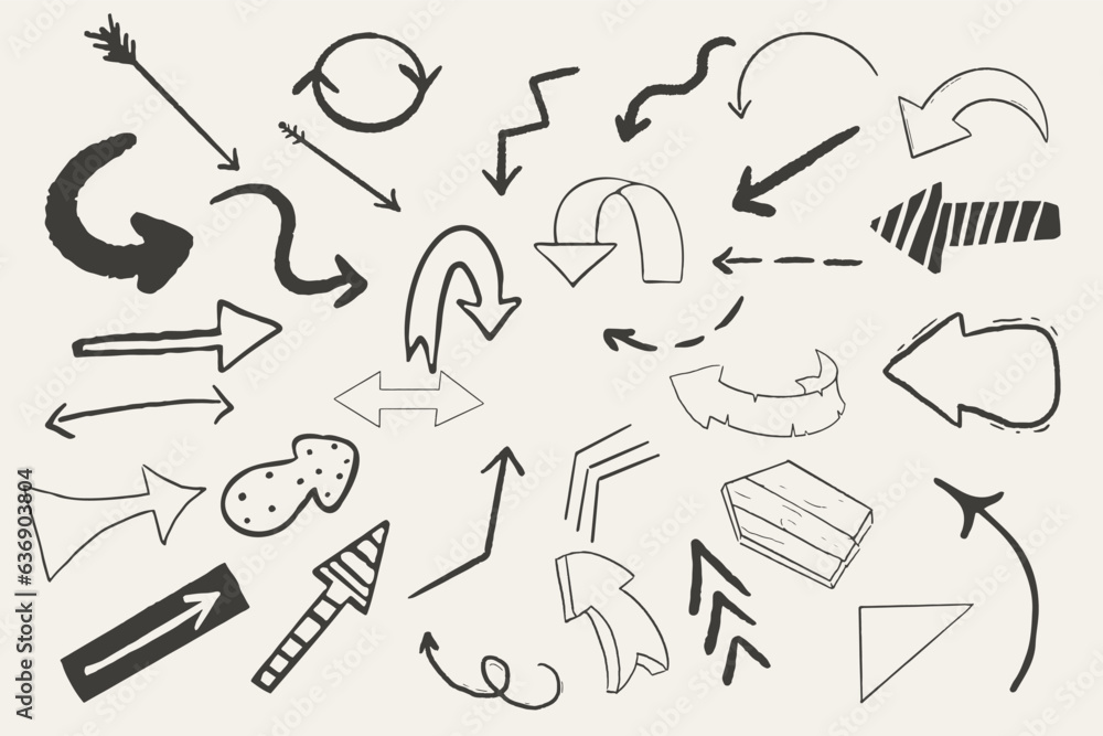 Wall mural set arrow pointer ink lines, textured shapes hand drawn decorative elements in doodle style isolated