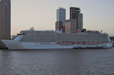 Modern mega cruiseship cruise ship liner Breakaway or Getaway in port of Rotterdam, Netherlands...