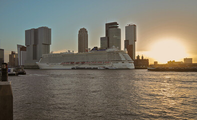 Modern mega cruiseship cruise ship liner Breakaway or Getaway in port of Rotterdam, Netherlands...