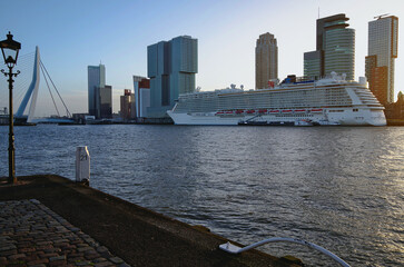 Modern mega cruiseship cruise ship liner Breakaway or Getaway in port of Rotterdam, Netherlands...