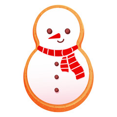 Gingerbread cute snowman character with icing decoration, seasonal dessert, cookie in cartoon style isolated on white background.