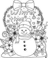 Winter Time. Hand-drawn doodle art. Snowman, and Christmas flowers for Merry Christmas or Happy new year card. Coloring page for adults and kids.
