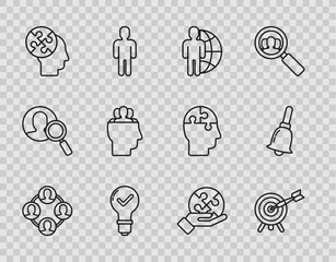 Set line Project team base, Target with arrow, Globe and people, Light bulb check mark, Human head puzzles strategy, Piece of in hand and Ringing bell icon. Vector