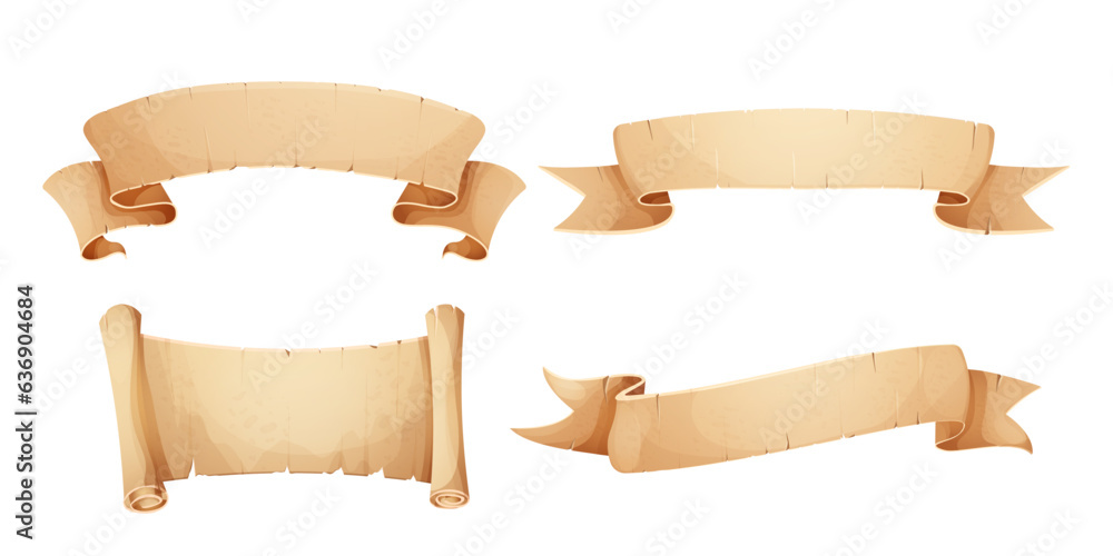 Wall mural set parchment paper scroll ribbon, old vintage banner game ui element in cartoon style isolated on w