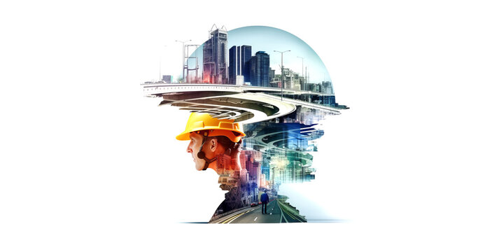 Future of buildings construction engineering the devotion project with double exposure to civil engineering design. Future modern construction projects. Generative AI.
