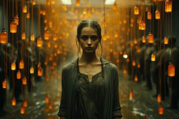 Obraz premium Illuminated by a greenish-yellow glow, a girl finds solace amidst bottles filled with twinkling lights, creating an enchanting atmosphere of dreams and wonder.