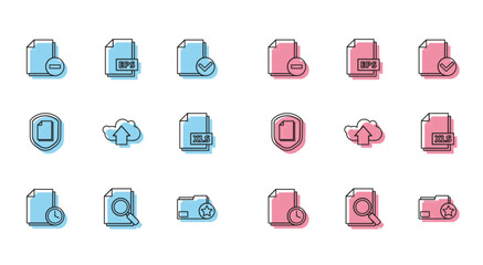 Set line Document with clock, search, minus, folder star, Cloud upload, XLS file document, protection concept and EPS icon. Vector