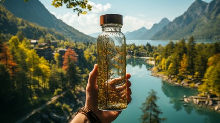 Close-up of a hand holding reusable, thermos bottle for against the beautiful nature background. Generative AI. - obrazy, fototapety, plakaty