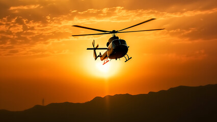 Helicopter flies over the sky at sunset.
