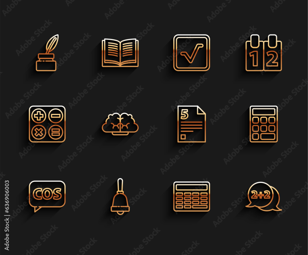 Wall mural set line tablet with calculator, test exam sheet, chalkboard, geometric figure cone, graph, schedule