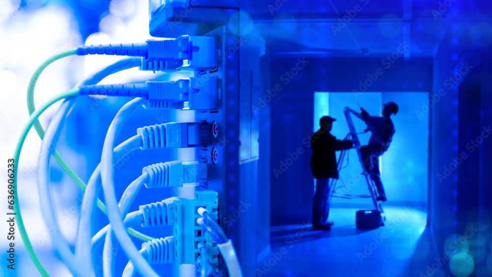 Poster network hardware. wires are connected to internet equipment. workers use ladder. concept of internet
