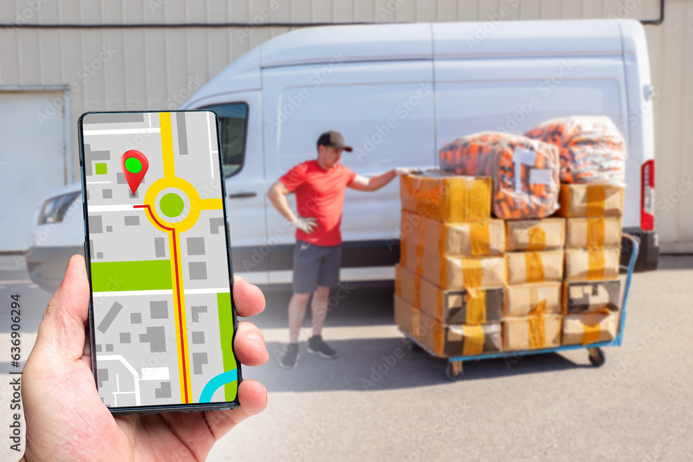Poster courier app on phone. delivery man near minivan and boxes. smartphone with navigation app in hand. c