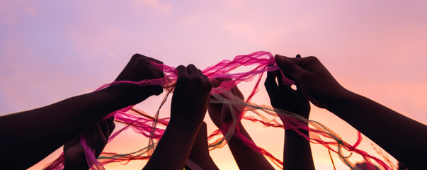 Captivating display of diverse hands holding vibrant, interconnected ribbons against a stunning sunset sky, symbolic of unity and solidarity.