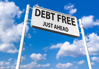 Debt free zones. White signboard on sky background. Debt free just ahead inscription. Street sign with call to refuse debts. Concept of avoiding loans and mortgages. Debt free logo. 3d image