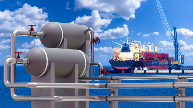 LNG terminal. Place for loading gas onto ships. Marine oil port. Cargo harbor with LNG terminal. Pipeline near ocean. LNG equipment. Pipes for loading gas onto ship. Seaport, harbor, shipyard