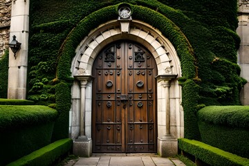 A weathered wooden door stands at the entrance to an ancient castle. Carved with intricate patterns and adorned with iron fixtures, the door holds the stories of generations past