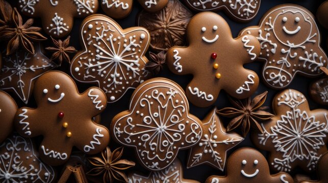 Christmas Bakery. Food photography of Christmas cookies. Close-up of many gingerbread man cookies on the table. Generative AI.