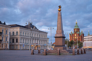 Landmarks Helsinki. Capital Finland. Monument to Empress Alexandra. Cityscape Helsinki. Finland architecture. Monument to Empress Alexandra in cloudy weather. Excursions in Helsinki. Finland travel