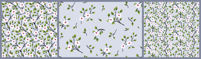 Seamless floral pattern, liberty ditsy print with cute spring twigs in the set. Pretty simple botanical design: small hand drawn branches, white flowers, tiny leaves on a light blue background. Vector