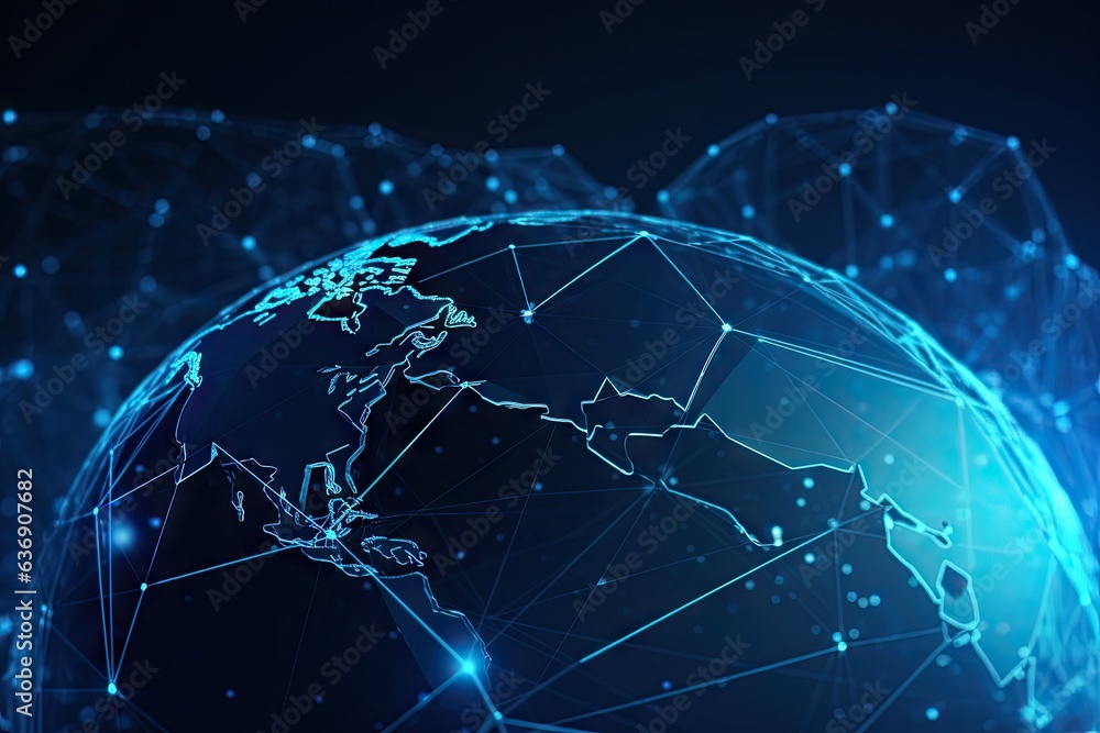 Poster mapping future. abstract globe network. tech savvy world. modern digital connectivity. blue horizon 