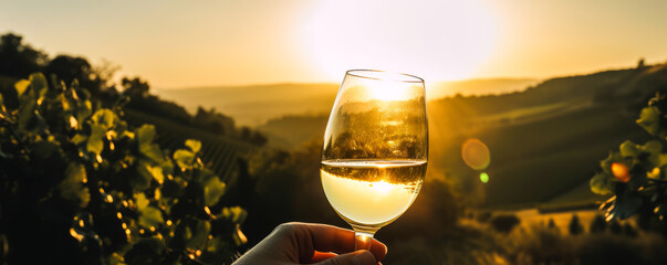 Captivating hand holding white wine glass against lush, rolling vineyards bathed in warm sunset...