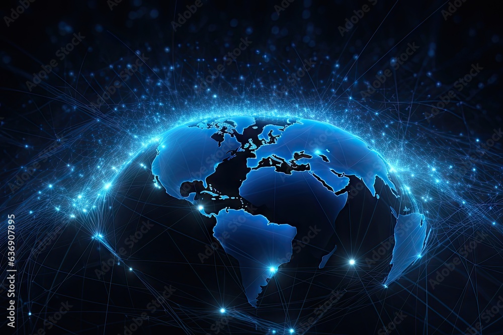 Poster mapping future. abstract globe network. tech savvy world. modern digital connectivity. blue horizon 