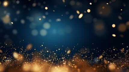 Fototapeta na wymiar Abstract dark blue and gold particle backdrop. Christmas golden light shed bokeh particles over a background of navy blue. Gold foil appearance. holiday idea. Generative Ai.