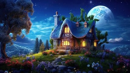 Fairytale House on the Hill in Front of a Full Moon. Generative Ai