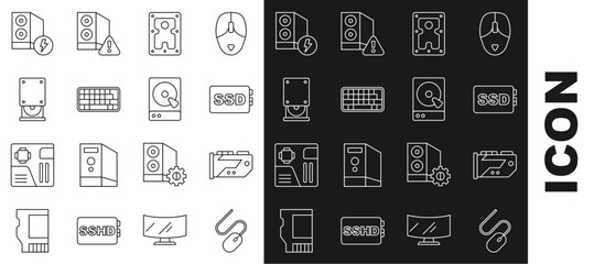 Set line Computer mouse, Video graphic card, SSD, Hard disk drive HDD, Keyboard, Optical disc, Case of computer and icon. Vector