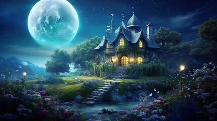 Fototapeta na wymiar Fairytale House on the Hill in Front of a Full Moon. Generative Ai