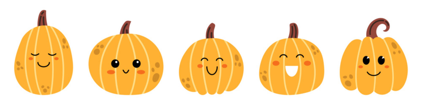 Vector cute halloween or thanksgiving pumpkin set. Collection of kawaii happy halloween pumpkins. Laughing pumpkins with cute faces. Funny smiling pumpkins for halloween or thanksgiving celebration.