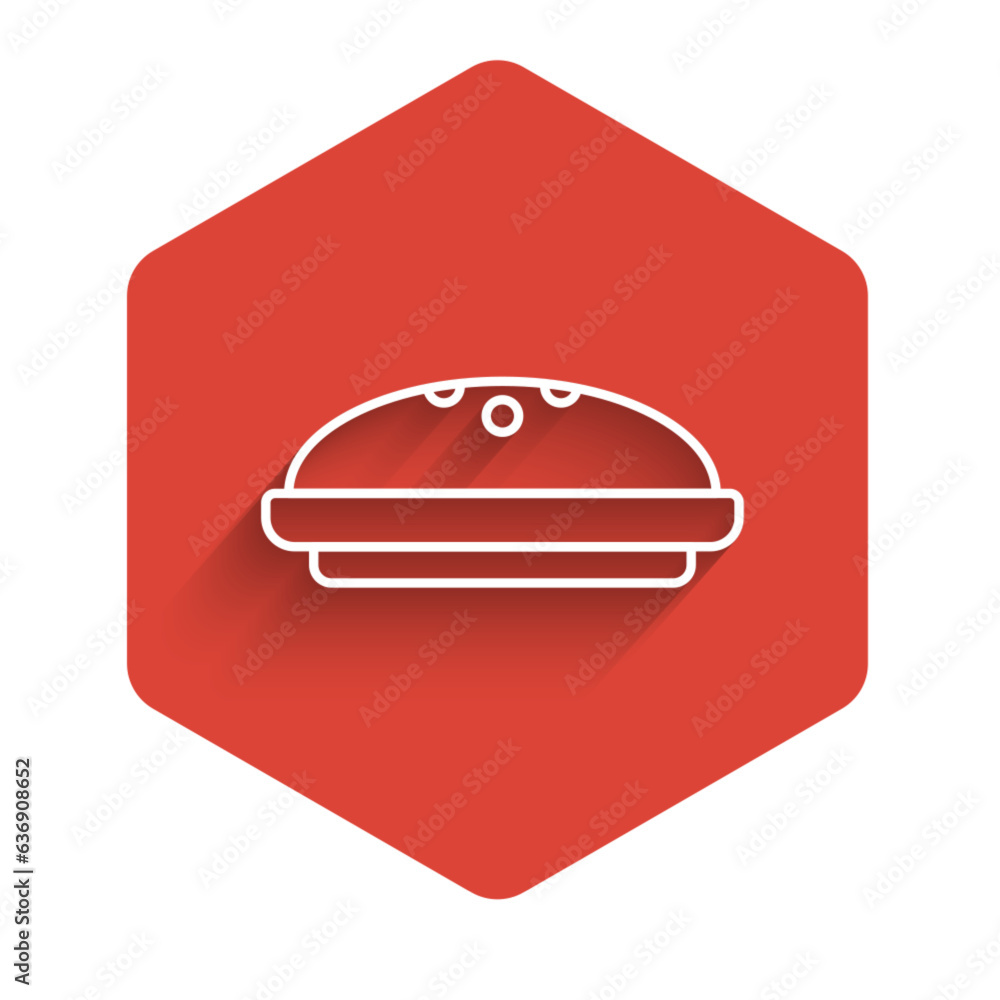 Poster white line homemade pie icon isolated with long shadow. red hexagon button. vector