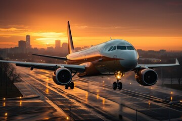 passanger plane in sunset light