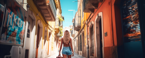 Sun-kissed, confident woman in vibrant blue shorts with suitcase, strolling along a quaint street of colorful buildings. Elegant anonymity for any summer travel inspiration.