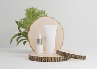 Beauty products package mockup on wooden blocks