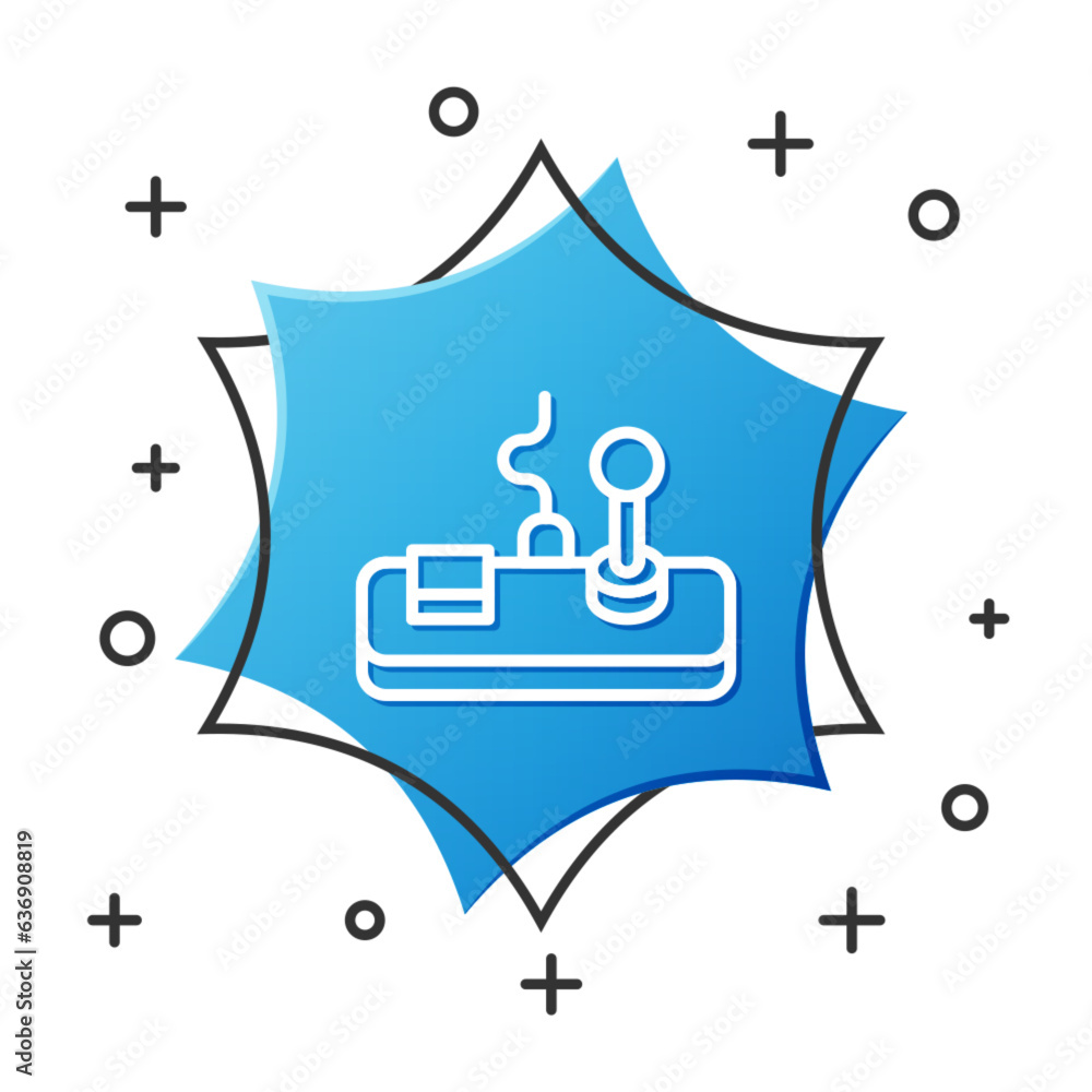 Poster white line gamepad icon isolated on white background. game controller. blue hexagon button. vector